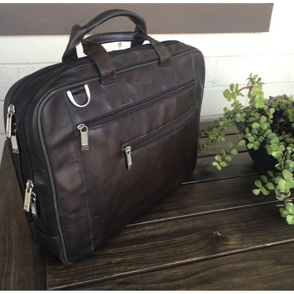 Vintage Kenneth Cole Laptop Bag Briefcase Brown Pebbled Leather 7 Compartments